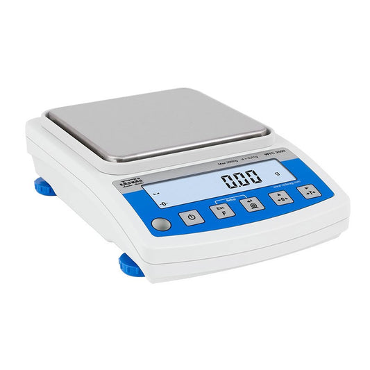 Balance de précision avec écran LCD et clavier bleu sur la face avant