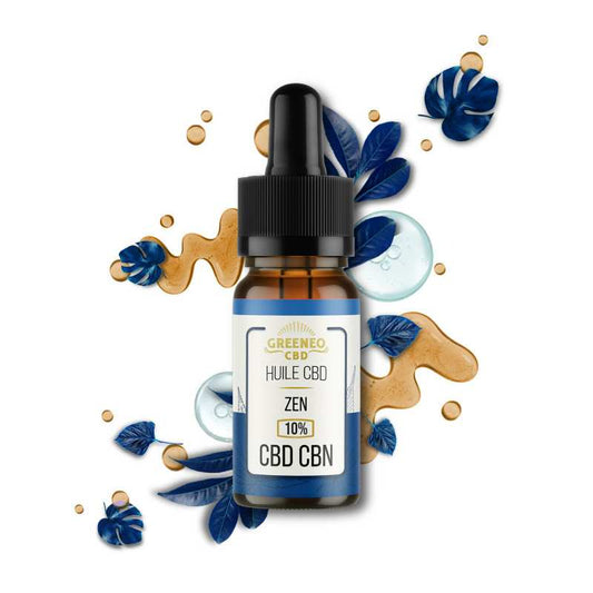Flacon d’huile CBD CBN zen 10% avec pipette, étiquette GREENEO.
