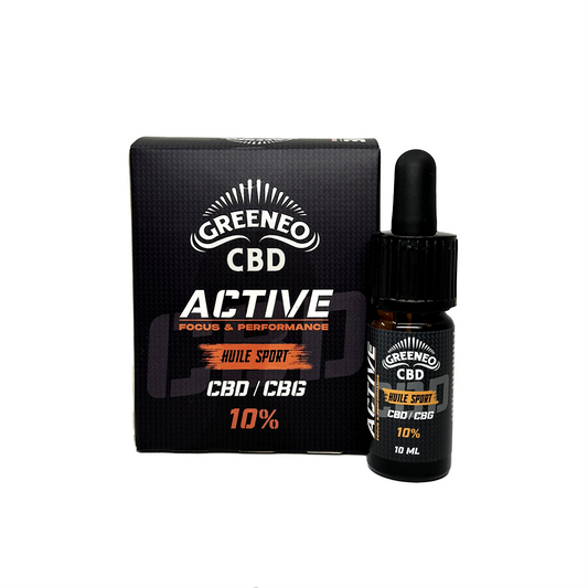Huile sport CBD/CBG 10% GREENEO Active avec flacon compte-gouttes noir.