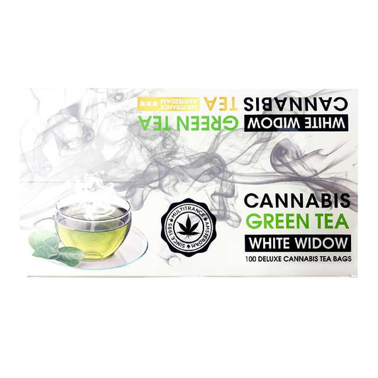 Boîte de thé CBD Cannabis Green Tea White Widow, 100 sachets, logo et illustration