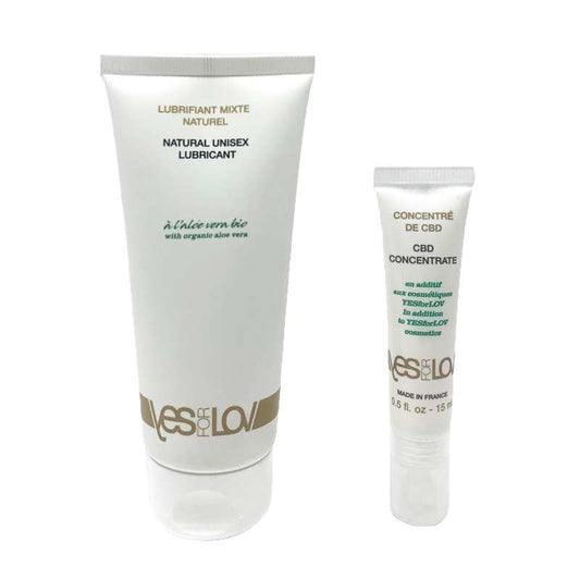 Lubrifiant bio aloe vera YES FOR LOV, grand tube et petit tube concentré CBD.