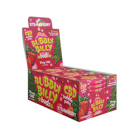 Boîte de 24 chewing-gum CBD à la fraise BUBBLY BILLY, format présentoir