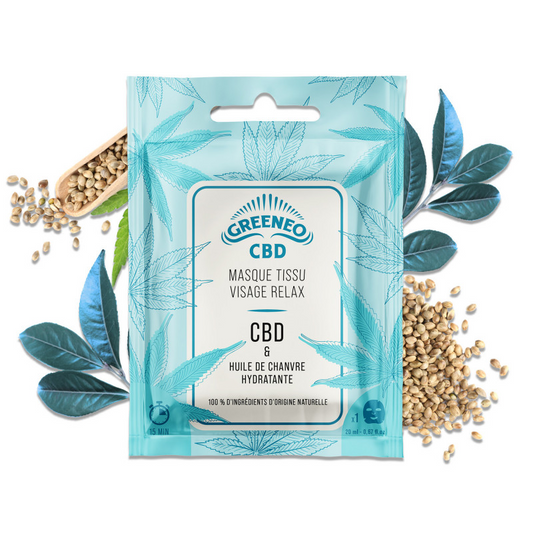 Masque tissu visage relax CBD GREENEO, sachet à liseré et motifs de feuilles.