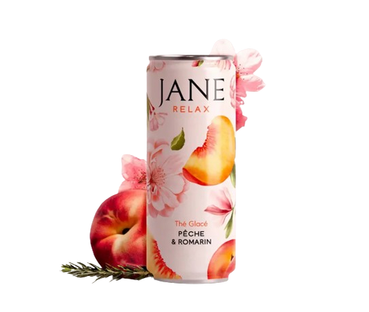 Canette de thé glacé bio CBD pêche & romarin JANE Relax, décor pêche et fleurs