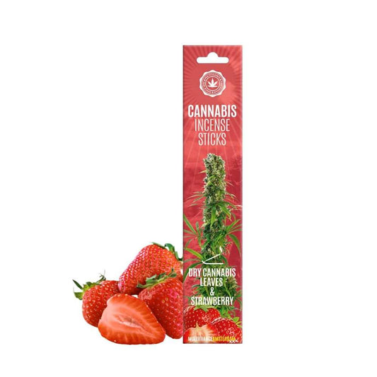 Boîte de bâtonnets d’encens cannabis fraise avec fraises et bâtonnet vert