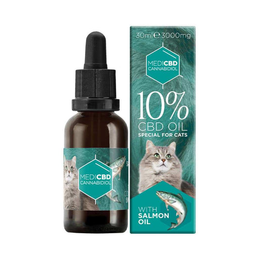 Huile CBD 10% pour chat MEDICBD, flacon compte-gouttes et boîte saumon