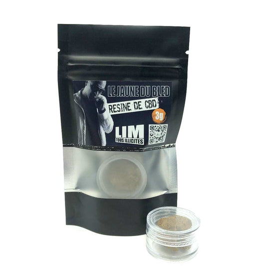 Pochon résine CBD « LIM » noir/argent, pot et galet translucide.