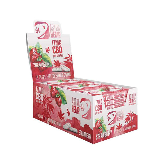 Boîte rectangulaire de chewing-gums CBD à la fraise ASTRA HEMP, impression sur le côté