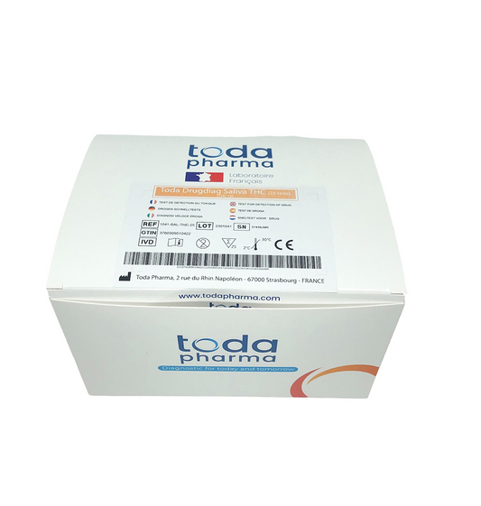 Boîte de test salivaire THC TODA PHARMA avec étiquettes et marquages
