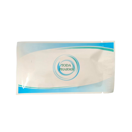 Étui scellé pour test urinaire THC Toda Pharma, sachet blanc et bande bleue