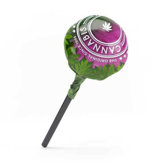 Sucette cannabis bubblegum ronde, motif vert et violet, bâton tordu
