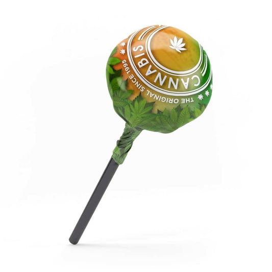 Sucette ronde mangue verte avec feuilles, tige noire