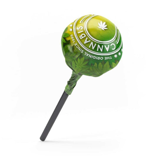 Sucette cannabis citron ronde verte et jaune, bâton noir, motif plante