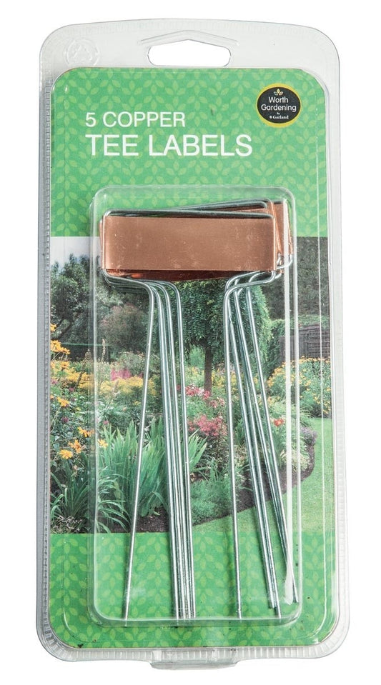 Lot de 5 étiquettes en cuivre sur tiges, présentées en blister.