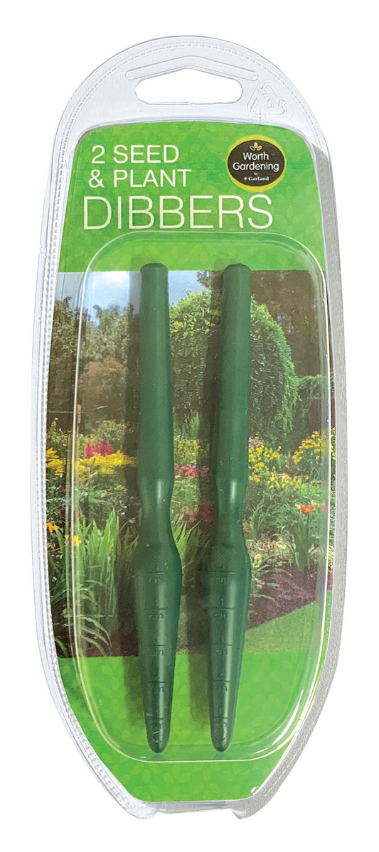 Lot de 2 plantoirs à graines verts, pointes et poignées, emballage blister