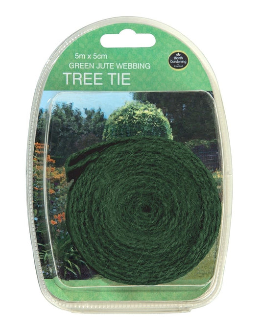 Attache d’arbre en toile de jute verte 5 m x 5 cm, rouleau en emballage