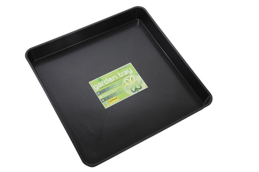 Plateau de jardin carré noir, vue de dessus, logo sur le fond, bords relevés.
