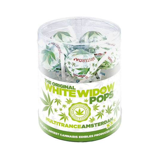 Boîte ronde de sucettes cannabis White Widow, impression feuilles et logo vert