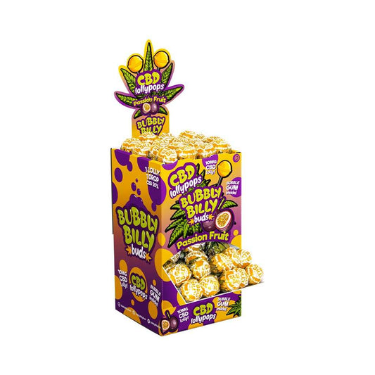 Boîte de sucettes CBD BUBBLY BILLY Passion Fruit, avec bonbons emballés empilés