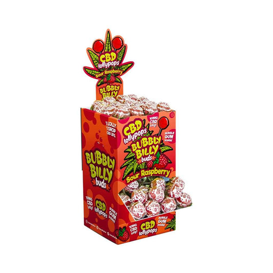 Boîte présentoir de sucettes CBD framboise BUBBLY BILLY avec bonbons en vrac