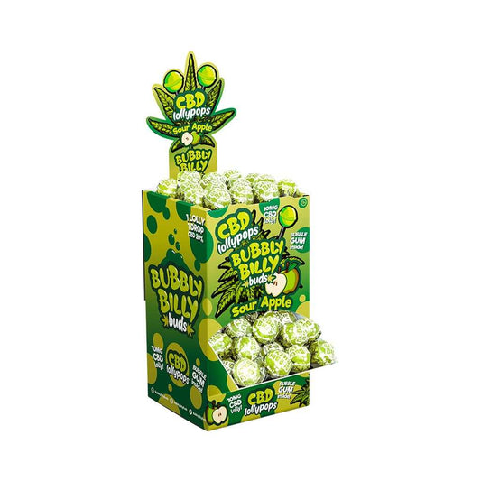 Présentation de sucettes CBD pomme BUBBLY BILLY, boîte verte remplie de bonbons emballés