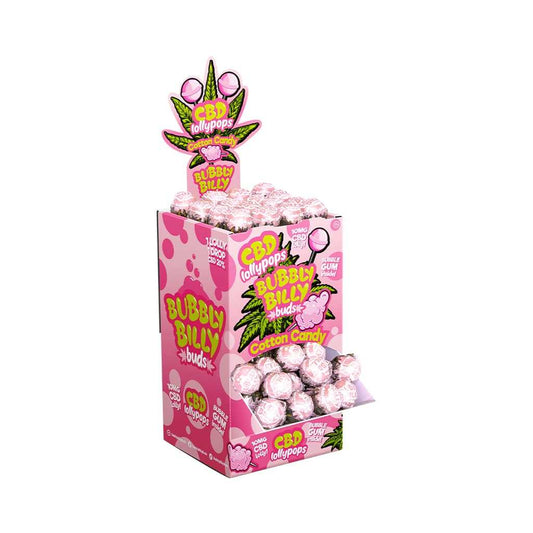 Boîte de sucettes CBD barbe à papa BUBBLY BILLY, présentation avec sucettes