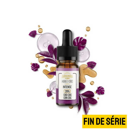 Flacon compte-gouttes huile CBD GREENEO 20% intense, étiquette visible