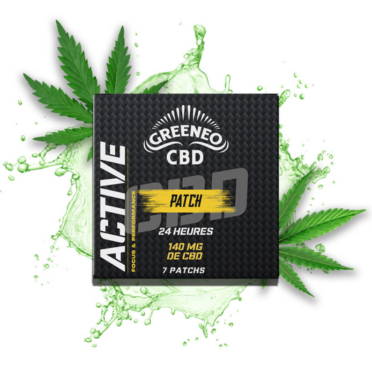 Boîte de patch CBD GREENEO avec mentions Patch, 24 heures et 140 mg de CBD.