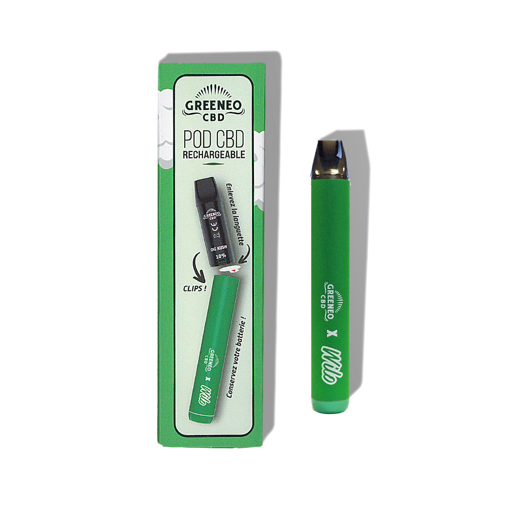 Stylo vape CBD rechargeable GREENEO vert, emballage cartonné blanc et vert