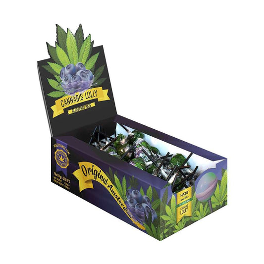 Boîte ouverte de sucettes cannabis à la myrtille, sucettes visibles