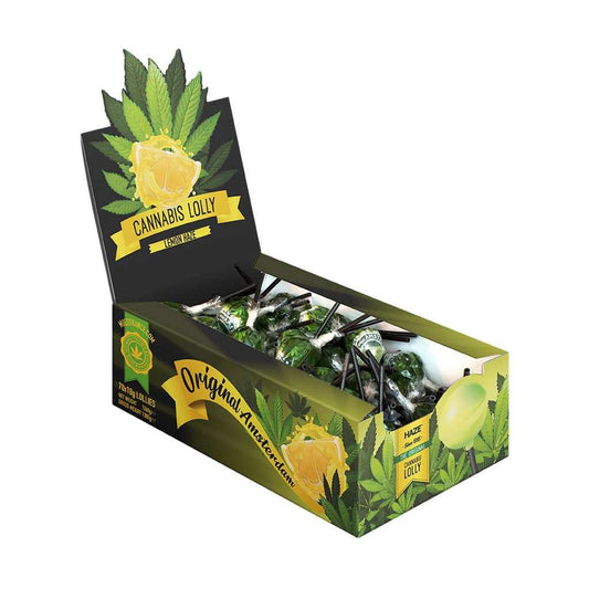 Boîte de sucettes cannabis citron avec lollipops emballées, sur présentoir