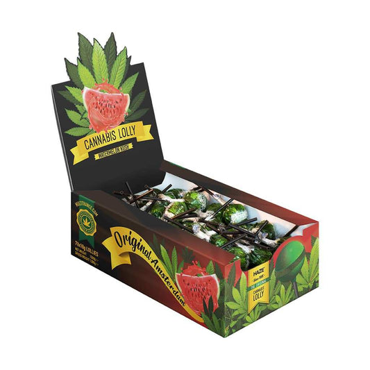 Boîte de sucettes pastèque cannabis (70 pcs) avec présentation de plusieurs sucettes.