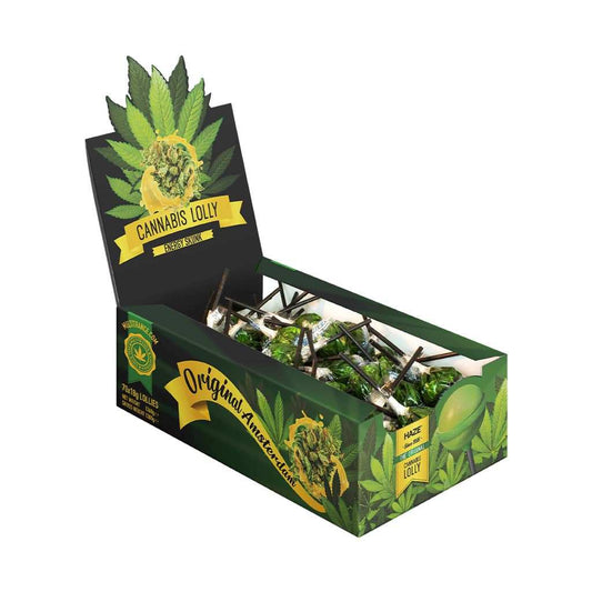 Boîte de sucettes vertes avec présentoir et sucettes visibles