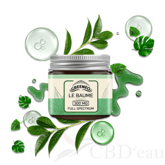 Pot de baume CBD GREENEO 300 mg full spectrum, avec feuilles de cannabis et gouttes