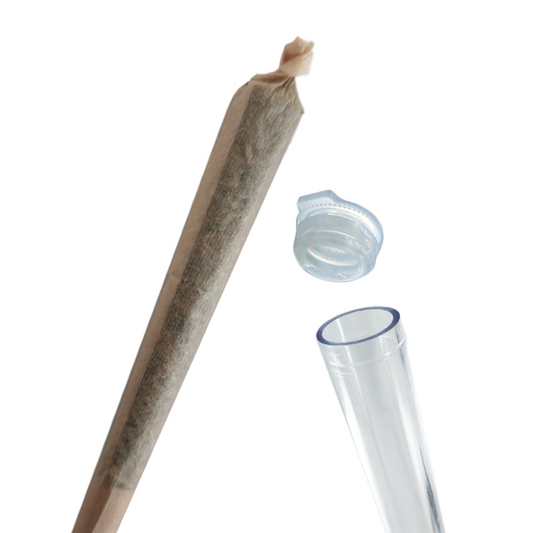 Préroulé CBD en enveloppe brune, tube transparent et bouchon