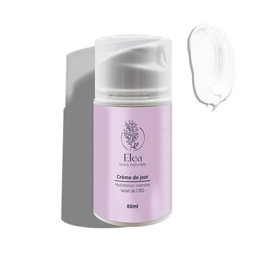 Crème de jour ELEA en flacon rose 50 ml avec bouchon et texture crémeuse.