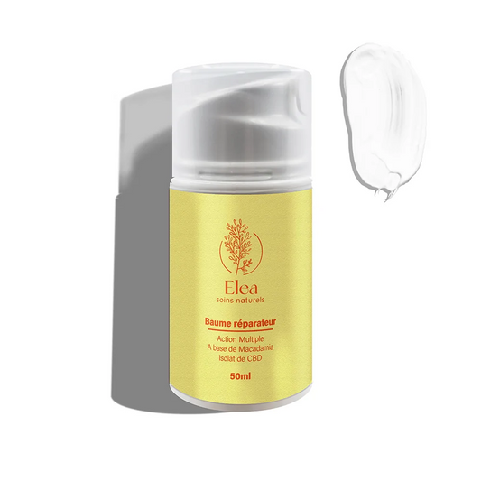 Baume réparateur ELEA flacon jaune 50 ml, avec texture blanche sur fond clair