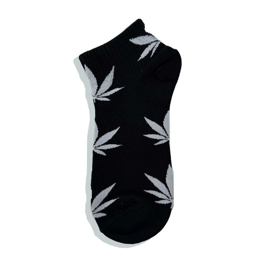 Chaussette noire avec motifs blancs de feuilles de cannabis, tige courte