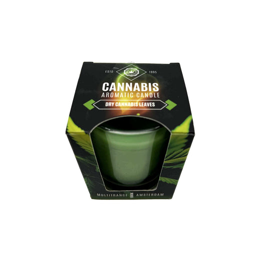 Bougie parfumée dans sa boîte noire, fenêtre et inscription Cannabis