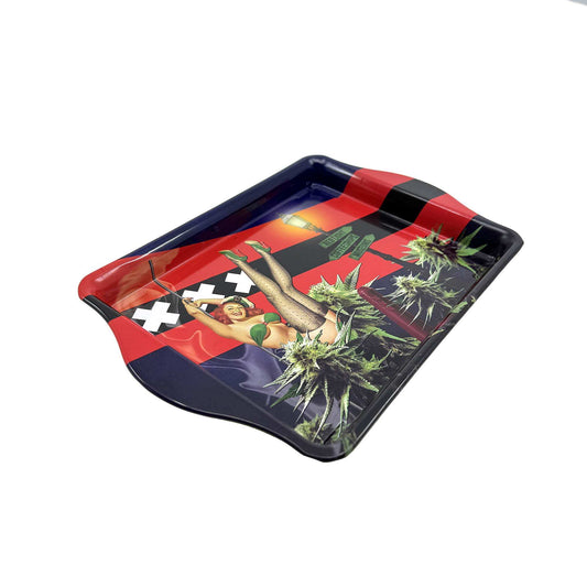 Plateau rectangulaire bleu et rouge, motif cannabis et figures, vue en biais