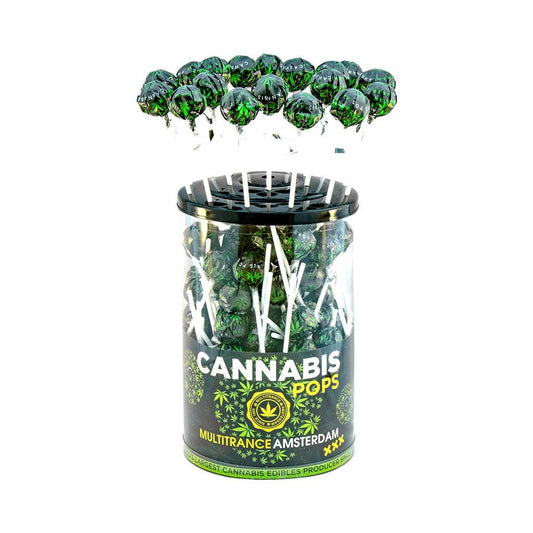 Boîte de sucettes cannabis, pot vert «Cannabis Pops» avec logo MULTITRANCE