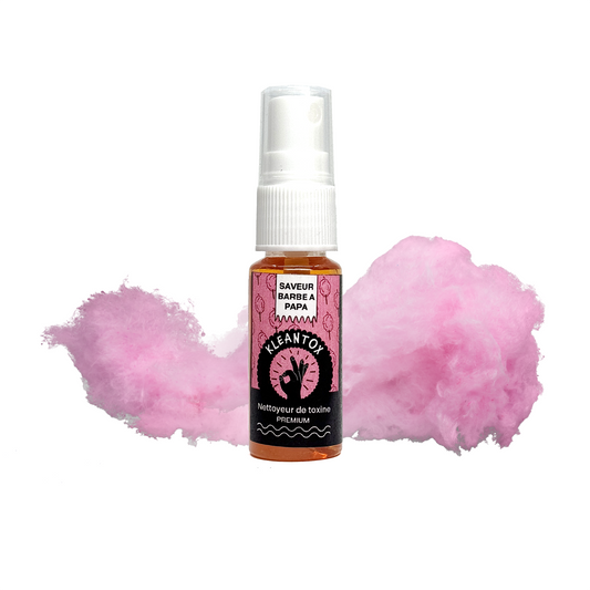 Spray anti-toxines KLEANTOX Barbe à papa, flacon ambré et nuages rose