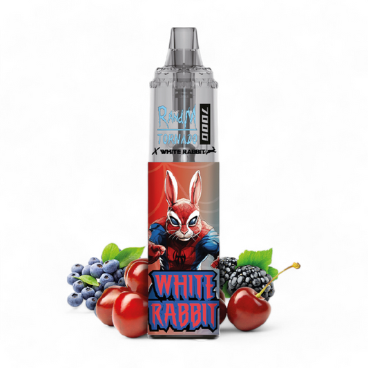 Stylo vape cylindrique White Rabbit x RandM, motif lapin, arômes bleu et cerise.