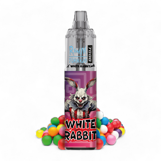 Flacon de e-liquide WHITE RABBIT x RandM TORNADO 7000 avec graphisme lapin