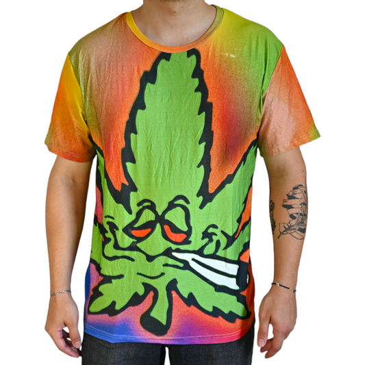 T-shirt multicolore à grand motif cannabis vert, col ras du cou