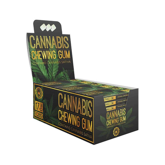 Boîte rectangulaire de chewing-gum CBD au cannabis avec rabat et logo MULTITRANCE.