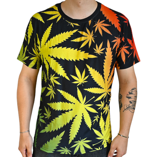 T-shirt noir à feuilles de cannabis multicolores, vue de face