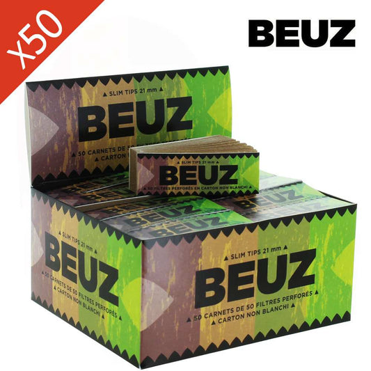 Boîte de 50 carnets de filtres à rouler Beuz, cartons perforés slim tips empilés