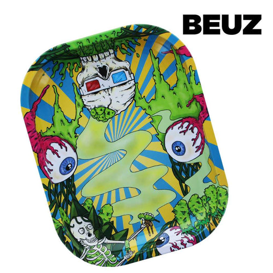 Plateau de roulage Beuz Skeleton PM, plateau ovale à motif squelettes, yeux bleus et fleurs.