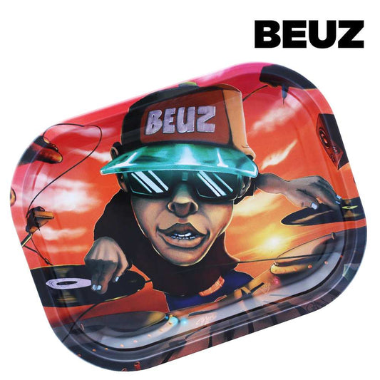 Plateau de roulage ovale BEUZ, illustration du DJ avec casquette, lunettes et néon vert